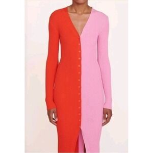 STAUD Shoko Colorblock Ribbed Sweater Midi Dress Pink Red Size L Long Sleeve